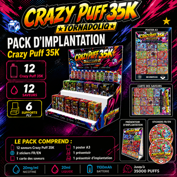 Pack d'Implantation Crazy Puff 35K 1100mAh 20ml / 2% 12pcs - Tornadoliq