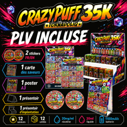 Pack d'Implantation Crazy Puff 35K 1100mAh 20ml / 2% 12pcs - Tornadoliq