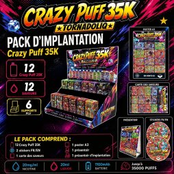 Pack d'Implantation Crazy Puff 35K 1100mAh 20ml / 2% 12pcs - Tornadoliq