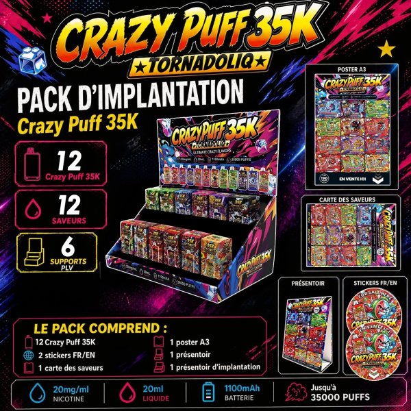 Implantation Pack Crazy Puff 35K 1100mAh 20ml / 2% 12pcs - Tornadoliq