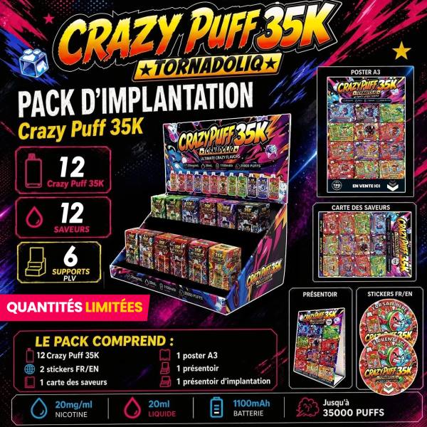 Implantation Pack Crazy Puff 35K (12pcs) 1100mAh 20ml / 2% - Tornadoliq