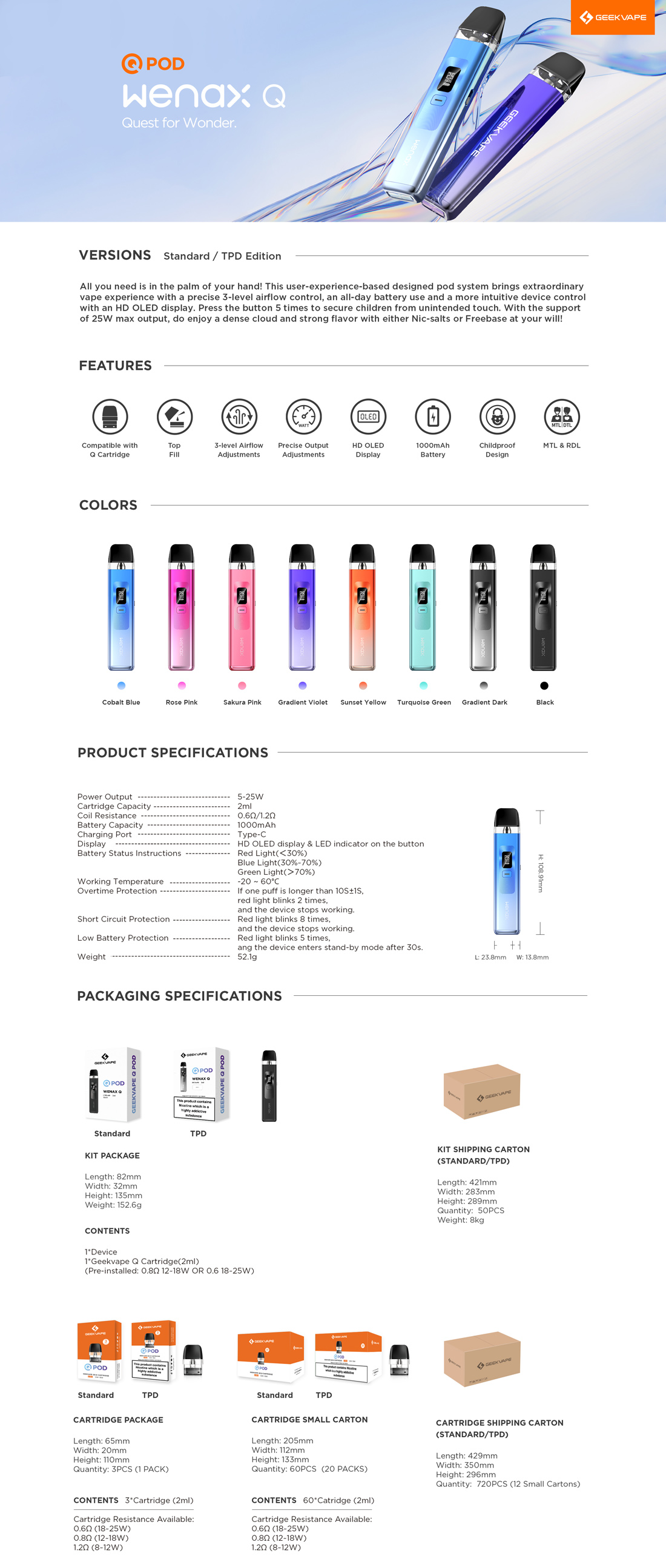 Wenax Q Tech Specs | Ecigareta.hr